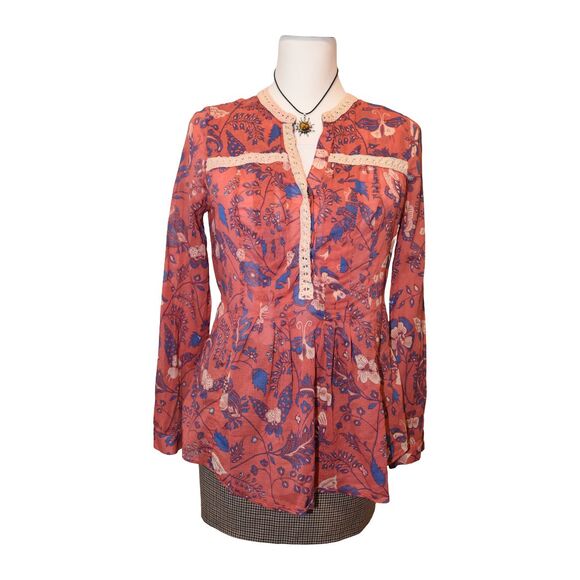 Anthropologie Maeve Boho Floral Butterfly Print Blouse Size 2 Crochet Trim Top - Picture 1 of 8